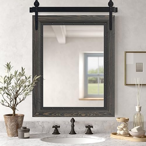 Farmhouse Barn Door Mirror, 32"x24" Rustic Bathroom Mirror, Wood Frame Wall Mirror, Wooden Mirror for Living Room Bedroom Entryway Wall Décor, Vertical Hanging ONLY - color: Ebony, size: 32"L x 24"W
