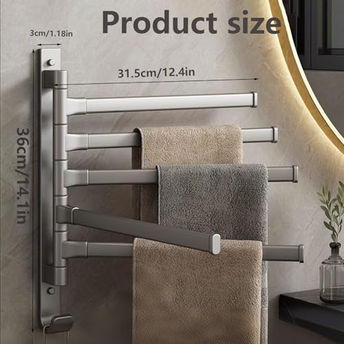 Towel Rack,180° Swivel Towel Rack,Advanced Materials Multi-Arm Towel Bar,Space Saving Wall Mounted Towel Holder with Hook,Rustproof Swing Out Towel Hanger for Bathroom,Kitchen(Gray,5 Poles) - color: Gray, size: 5 poles