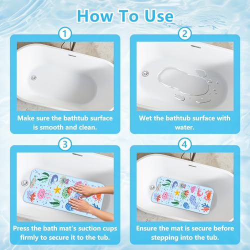 Bath Mats for Tub Kids Baby, Large Cartoon Sea Baby Bathtub Mat Non Slip, Machine Washable, 40"x16" Long Tub Mats with Suction Cups & Drain Holes, Non Slip Baby Shower Mat for Toddler(Sea Animal) - color: Sea Animals1