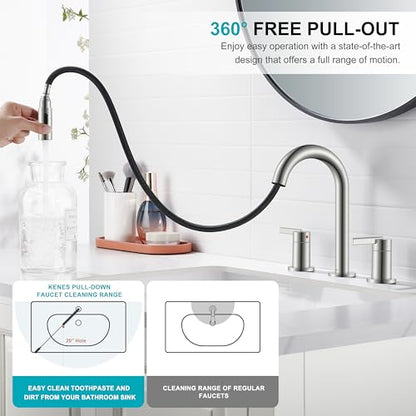 Brushed Nickel Pull Down Widespread Bathroom Faucet 2 Handle 3 Hole | Pull Out Bathroom Faucet with Pop Up Drain & Supply Lines, Lead-Free cUPC & NSF Certified, 8 Inch Faucet for Vanity RV Sink - color: Brushed Nickel