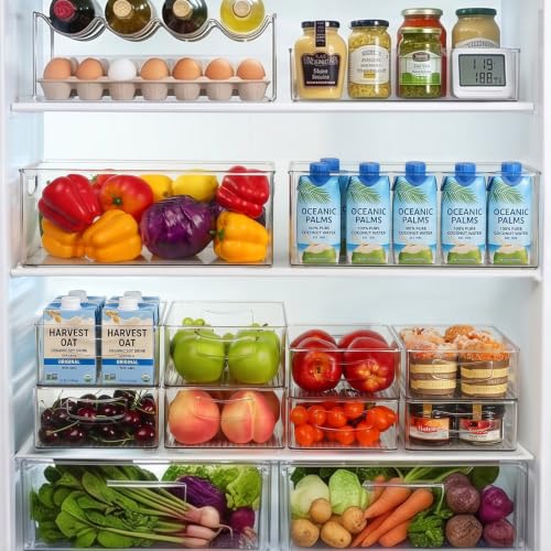 Hudgan 8 Pack Freezer Organizer Bins,Stackable,Clear Bins for Fridge,Pantry | Straight Side, 3 Sizes, 2 XL Storage Container, 3 Large Cabinet Organizer, 3 Medium Storage Drawer - size: 2XL+3L+3M