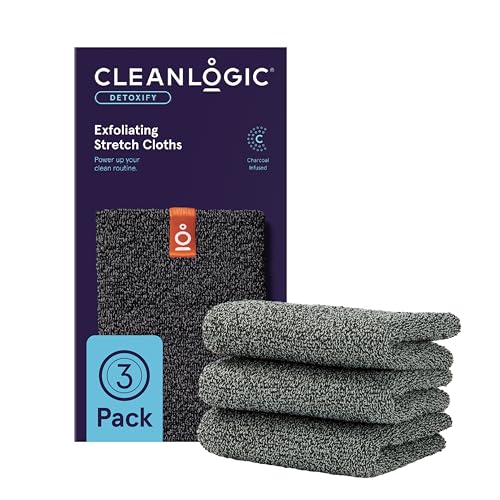 Cleanlogic Body Exfoliating Cloth, Stretchy Detox Charcoal Infused Exfoliator Bath and Shower Washcloths, Reusable Daily Skincare Tool, 3 Count Value Pack - size: 3 Count (Pack of 1), style: Detoxify - Stretch Cloth