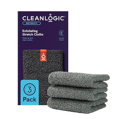 Cleanlogic Body Exfoliating Cloth, Stretchy Detox Charcoal Infused Exfoliator Bath and Shower Washcloths, Reusable Daily Skincare Tool, 3 Count Value Pack - size: 3 Count (Pack of 1), style: Detoxify - Stretch Cloth