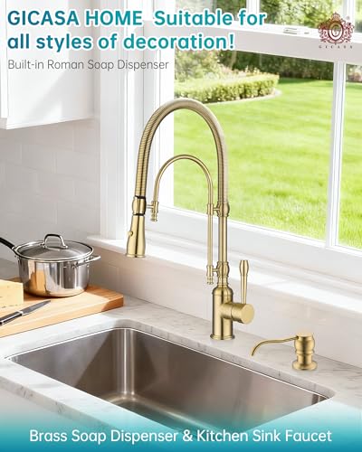 Built in Deck Mount Liquid Lotion Kitchen Countertop Metal Soap Dispenser, Brushed Gold Brass Dispenser Pump with 47.2" Silicone Long Tube for 0.79 "- 1.38" High Capacity Bottle Mouths - color: Brushed Gold, size: With Hose