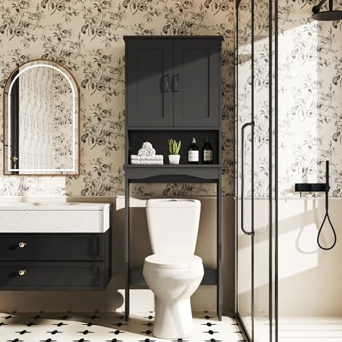 ROOMTEC Over The Toilet Storage Cabinet with Adjustable Shelf and Double Doors, Freestanding Bathroom Cabinet Organizer with Open Shelf, Home Space-Saving Toilet Rack for Restroom, Laundry, Black