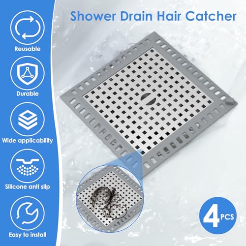 4 Pack Drain Hair Catcher, 4.8" Square Shower Drain Cover, 304 Stainless Steel Drain Strainer with Non-Slip Silicone Edge for Bathroom Floor Drain, Sink, Bathtub and Laundry