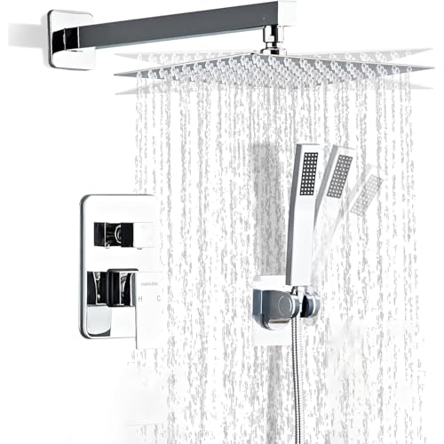 10 Inch Polished Chrome Shower Faucet Set with Rain Shower Head and Handheld Spray, Wall Mounted Rainfall Shower Head with Handheld Combo, Bathroom luxury Shower System with Valve and Trim - color: Polished Chrome, size: 10 IN