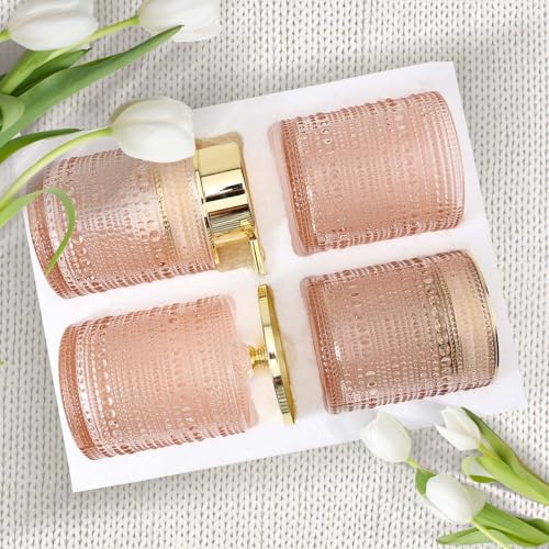 DASITON Bathroom Accessories Set,4Pcs Glass Bathroom Counter Set with Foaming Soap Dispenser,Toothbrush Holder,Bathroom Tumbler,Cotton Swab Jars, for Vanity Bathroom Decor(Pink A) - style: Pink A