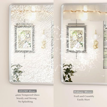 24x32 Silver Bathroom Mirror, Silver Vanity Mirror for Wall, Rounded Rectangle Mirror with Beveled Border, Anti-Rust, Polished, Shatterproof (Horizontal/Vertical) | Silver Metal Framed Mirror, Rounded Rectangle, Beveled Border, Anti-Rust, Painted, Shatter