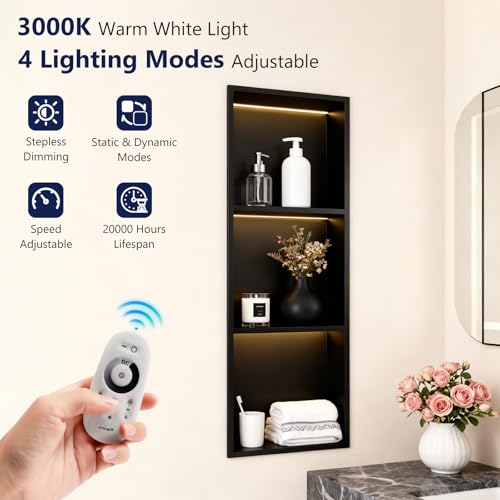 LED Shower Niche 12 X 36 Shower Niche No Tile Needed | 304 Stainless Steel Shower Niche with 3000K Warm Light, IP65 Waterproof Bathroom Niche for Shower, Remote Control, Seamless - color: Matte Black-warm White, size: 12" X 36"