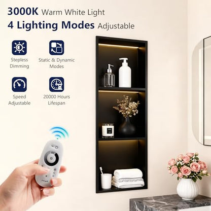 LED Shower Niche 12 X 36 Shower Niche No Tile Needed | 304 Stainless Steel Shower Niche with 3000K Warm Light, IP65 Waterproof Bathroom Niche for Shower, Remote Control, Seamless - color: Matte Black-warm White, size: 12" X 36"