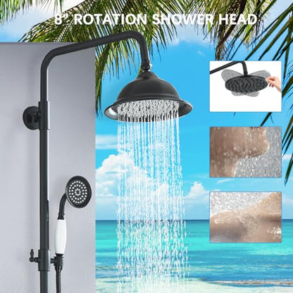 Shower System Matte Black Outdoor Shower Fixtures with 8 Inch Shower Head Handheld Spray and Tub Spout 2 Cross Handles Wall Mounted Shower Faucet Set for Bathroom or Backyard - color: Matte Black, style: Three Modes
