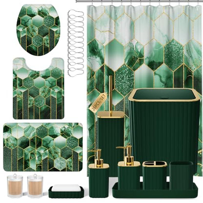 XLHOMO Bathroom Set - 26PC Bathroom Set with Shower Curtain and Rugs, Bathroom Accessory Set, Dark Green Bathroom Accessories Set, Trash Can & Soap Dispenser - style: Dark Green&Gold
