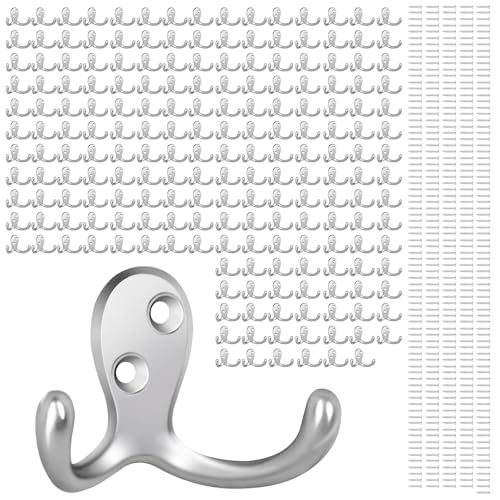 Homanu 180 Pack Coat Hooks, Heavy Duty Double Prong Coat Hooks Wall Mounted with 360 Screws, No Rust Silvery Metal Wall Hooks for Hanging Towel, Coat, Bag, Hat, Cup, Key - color: 180 Pcs Silvery