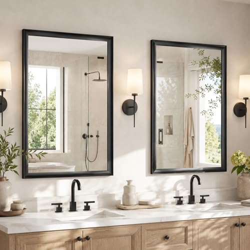 USHOWER 2 Pack Black Bathroom Mirrors for Over Sink 24x36 Inch, Aluminum Framed Rectangle Vanity Mirror for Wall, Bedroom, Living Room, Entryway, Anti-Rust, HD Tempered Glass, Horizontal/Vertical - color: Black, size: 36"L x 24"W-2PCS