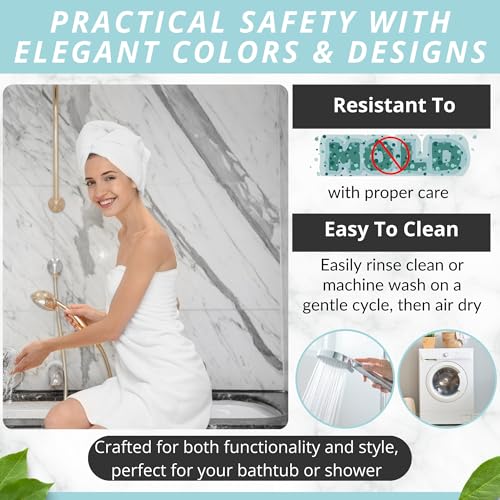 ENKOSI Non-Slip Bath & Shower Mat 40x16 Extra Long, Suction & Drain Holes | Elegant White Gold Marble print; Durable PVC; 40x16 in, White Gold Marble - color: Marble White Gold
