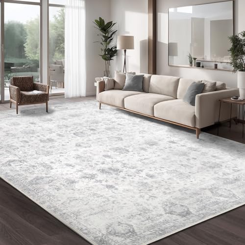 Washable 8×10 Area Rug for Living Room Grey | Vintage Floral Rug Soft Non Slip Stain Resistant Boho Carpet for Bedroom Dinning Room Kitchen Home Office - color: Grey, size: 8' x 10'