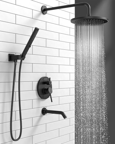 Lava Odoro Modern 3-Setting Round Rain Bathtub and Shower Faucet Set, Black Rainfall Shower Head and Handle Set, Rain Shower System with Tub Spout, Shower Valve Trim Kit, Matte Black, SF104-MB-T - color: Matte Black, style: With Tub Spout