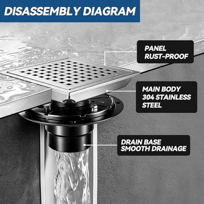 Square Shower Floor Drain, Matte Black Finish, Grid Pattern Strainer Cover (Brushed, Grate) - color: Brushed
