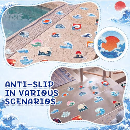 Fullhawl 30 Pcs Ocean Wave Non Slip Bathtub Stickers with Scraper | Ocean Wave, Textured PEVA, Anti Slip Shower Floor Decals, Bath Treads, Tubs, Showers and Smooth Tile Floors - style: Wave