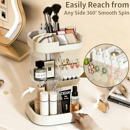 360 Spinning Rotating Makeup Organizer for Vanity with Adjustable Trays Lipstick Earring Storage Makeup Desk Storage Carousel Rack, Cosmetic Display Cases for Dresser Bathroom Holder (Cream)