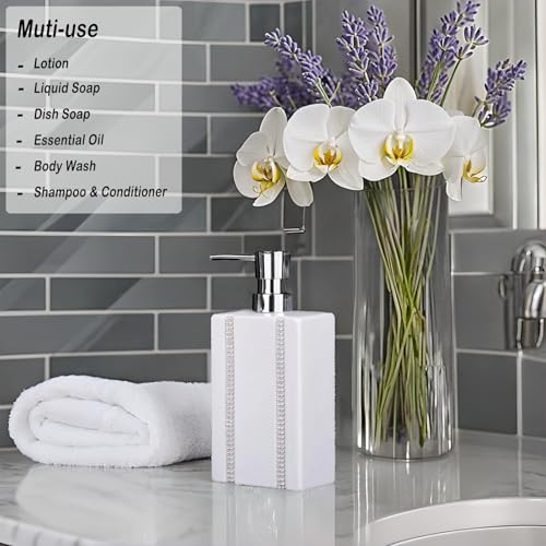 18 OZ Hand Liquid&Lotion Soap Dispenser Ceramic White Lotion Pump Bottle for Kitchen Bathroom Countertop Laundry Room Holds Dish Soap Shampoo Laundry Liquid Shower Gel(Inlaid Rhinestone) - color: White3