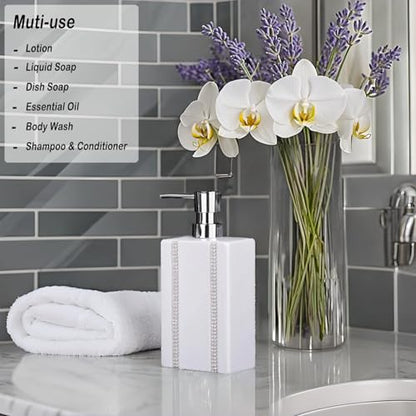 18 OZ Hand Liquid&Lotion Soap Dispenser Ceramic White Lotion Pump Bottle for Kitchen Bathroom Countertop Laundry Room Holds Dish Soap Shampoo Laundry Liquid Shower Gel(Inlaid Rhinestone) - color: White3