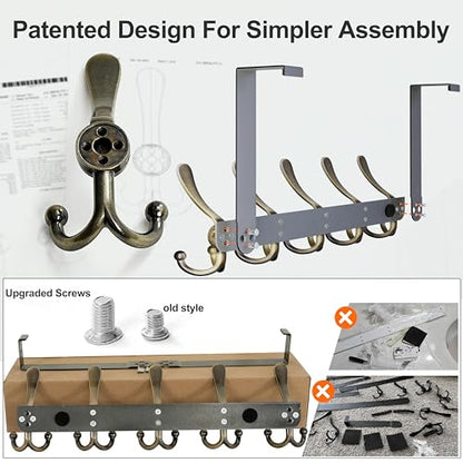 Over Door Hook 2.0 - Upgraded Version - Simple-Assembly, Strong, Heavy-Duty Stainless Steel 5-Tri-Hook Over The Door Hanger Rack, SimpleStrong Series, Bronze, Pack of 2 - color: Bronze