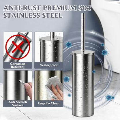 Toilet Brush and Holder Set,Stainless Steel Toilet Bowl Brush and Holder for Bathroom,Hidden Toilet Bowl Brush with 2 Heads,Heavy Duty Cleaner Brush with Removable Inner Bowl and Splash Protection - color: Silver-a2