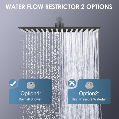 16 inch Matte Black Large Rain Shower Head - All Metal 304 Stainless Steel, Full Body Rainfall Shower with 324 Silicone Nozzles - Waterfall Bathroom Square Showerheads, Ceiling Mounted - color: B-Matte Black, size: 16 Inch Square