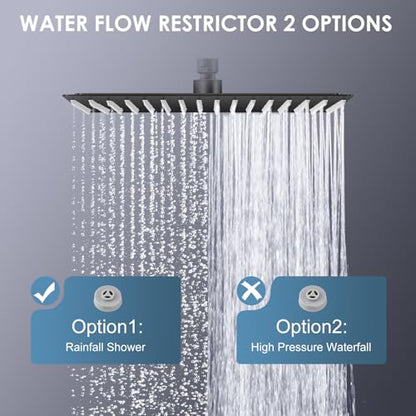 16 inch Matte Black Large Rain Shower Head - All Metal 304 Stainless Steel, Full Body Rainfall Shower with 324 Silicone Nozzles - Waterfall Bathroom Square Showerheads, Ceiling Mounted - color: B-Matte Black, size: 16 Inch Square