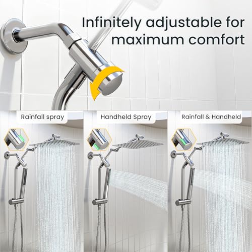 Veken 10" Luxurious Rain Shower Head with Handheld, High Pressure Rainfall Shower Heads wih Extension Arm, Wide Dual Showerhead with Spray Combo, Bathroom Accessories, Chrome, Silver - color: Chrome