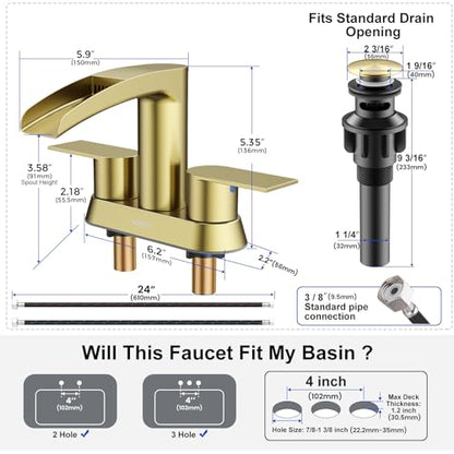 Bathroom Sink Faucet for 3 Hole, Hurran 4 Inch Faucets with Pop-up Drain, Stainless Steel 2-Handle Waterfall Faucet for Bathroom Sink, Brushed Gold - color: Brushed Gold