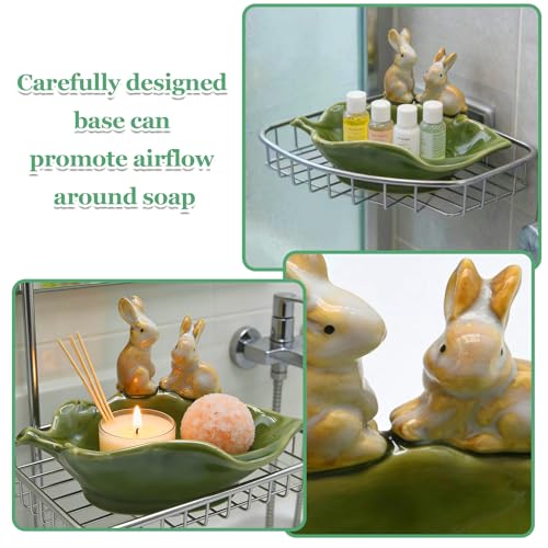 VIKKSAER Cute Ceramic Rabbit Soap Dish, Decorative Bunny Holder for Sponges & Jewelry, Green – Ideal for Bathroom, Kitchen, or Countertop Organization