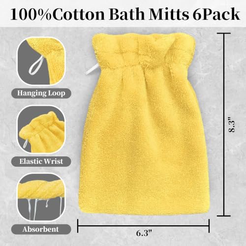 VOOVA & MOVAS Shower Mitts 6 Pack Solid Yellow,European Style with Loop | Body Wash Gloves, Gentle Texture, Durable Cotton Fabric, Ideal for Face Care, Shower and Home Use. - color: Yellow, size: 6PC Bath Mitts