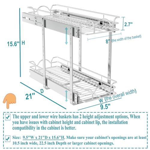 OCG 2 Tier Pull Out Cabinet Organizer (9.5" W x 21" D), Pull Out Drawers for Kitchen Cabinets, Pull Out Shelves for Base Cabinet Organization in Kitchen Bathroom Pantry, Chrome Finish - size: 9.5"W x 21"D, 2 Tier