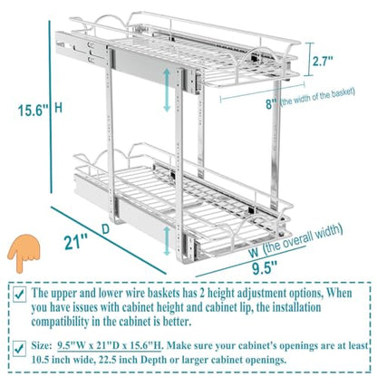 OCG 2 Tier Pull Out Cabinet Organizer (9.5" W x 21" D), Pull Out Drawers for Kitchen Cabinets, Pull Out Shelves for Base Cabinet Organization in Kitchen Bathroom Pantry, Chrome Finish - size: 9.5"W x 21"D, 2 Tier