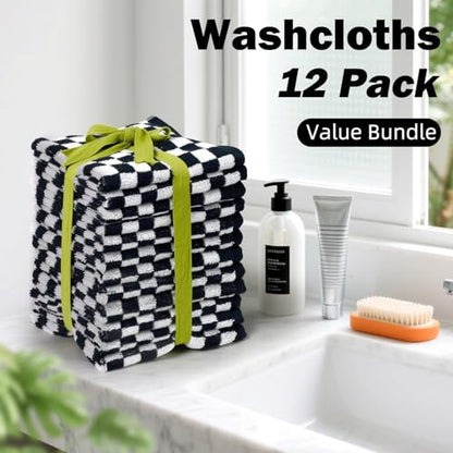 Washcloths 12 Pack Checkered - Wash Cloths for Showering (13"x13") in Black | Multi-Purpose Bathroom Face Cloths, Soft and Quick Dry - color: Black