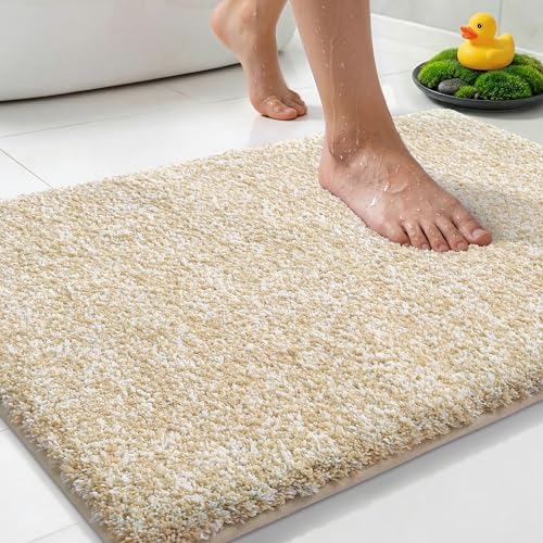 Yimobra Cushioned Anti-Fatigue Bathroom Rug, Bath Mat Non Slip Washable, Dense Soft Microfiber for Bathroom Sink, Shower, Tired Feet Comfort, Absorbent, 24" X 17", Light Beige and White - color: Light Beige and White, size: 24" X 17"