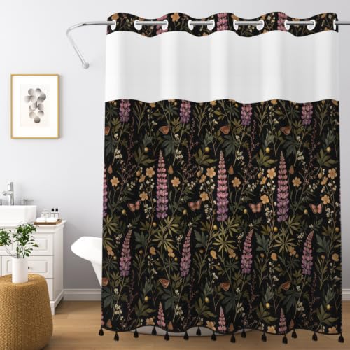 Dark Botanical No Hook Shower Curtain with Snap in Liner & Tassels | Double Layer Waterproof Bath Curtain with Mesh Top, Green Plant & Lavender Floral Design for Boho Farmhouse Bathroom, 71Wx77L - color: Wild Plant