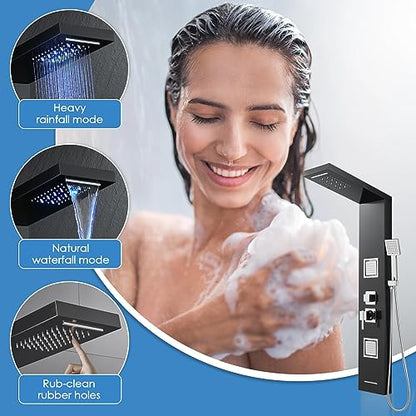ROVOGO Shower Panel Tower System with Led Lights - Battery Powered, 46.5" | Rainfall Waterfall Shower Head, 2 Body Jets, Handheld and Tub Spout, Stainless Steel Shower Column with Brass Valves, Black - color: Black-2 jets