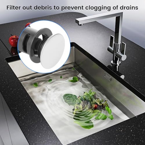 Plastic Bathroom Sink Pop up Drain Stopper | with Overflow,Basin Waste,Chrome Cap with Strainer Basket for Vanity Vessel