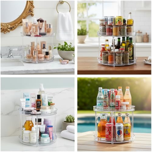 Lazy Susan 2-Tier Medicine Cabinet Organizer, Clear Plastic Spinning Spice Organization for Cabinet, Rotatable Makeup Organizer Countertop for Bathroom Vanity, Kitchen Pantry & Small Spaces Storage