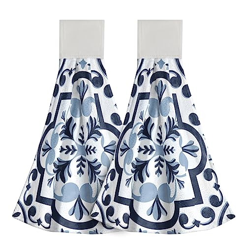 Giwawa Navy Flower Kitchen Hand Towels Modern Boho Hanging Tie Towels Fast Drying Dish Cloth with Loop 2 PCS for Bathroom Restroom Home Decor - color: Boho Navy Floral