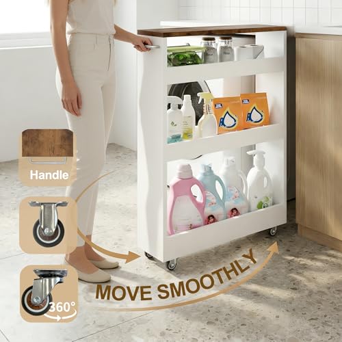 TEAMIX Wood 4-Tier Slim Rolling Storage Cart, 7.9"W, 24.8"D, 36.7"H, White | Height Adjustable, 360°Swivel Wheels, Deeper & Taller, Use as Narrow Kitchen Cart, Laundry Organizer Between Washer & Dryer - color: White