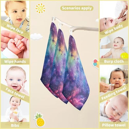 YETTASBIN Galaxy Muslin Baby Hand Washcloths, Soft Cotton Bath Face Towel, 4 Layers Extra Absorbent Feeding Burp Cloth for Newborn Infant, 3 Pack - size: 12 Inch x 3 Pack