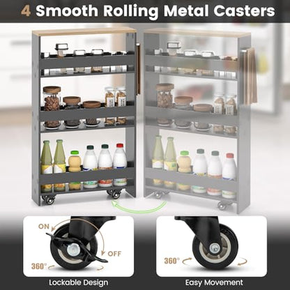 COSTWAY Slim Rolling Storage Cart, 4-Tier Rolling Utility Cart, Wood Kitchen Storage Cart with Handle & Wheels, Narrow Rolling Shelving Unit for Kitchen Bathroom Laundry Small Places (Grey) - color: Grey