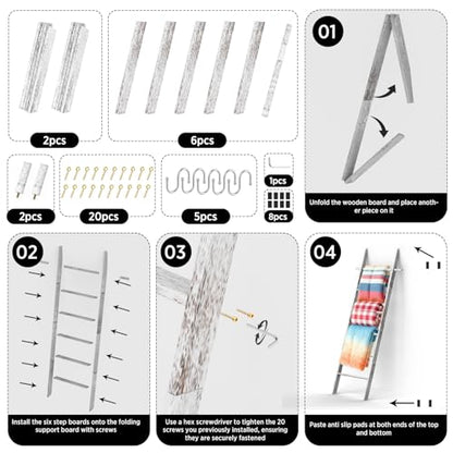 Farmhouse Wooden Blanket Ladder Living Room White 6-Tier | Blanket Rack Decorative Stand with Removable Hooks, Leaning Towel Quilt Rack Holder - color: White