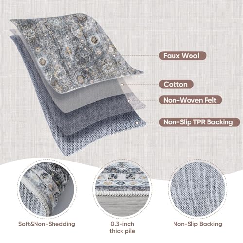 Rugcomf Washable Kitchen Runner 2'7"x12' - Long Hallway Runner Rug Non Slip, Boho Carpet for Hallways, Entryway, Hall, Bathroom - Grey - color: Grey, size: 2'7" x 12' (Rectangular)