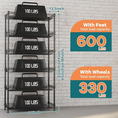 Himimi 6 Tier Rolling Storage Cart, Metal Wire Basket Rack with Wheels, Adjustable Storage Shelves Organizer Shelf for Kitchen Pantry Garage Laundry Room Bathroom, 30" W X 13.5" D X 63" H, Black - size: 30"W X 13.5"D X 63"H